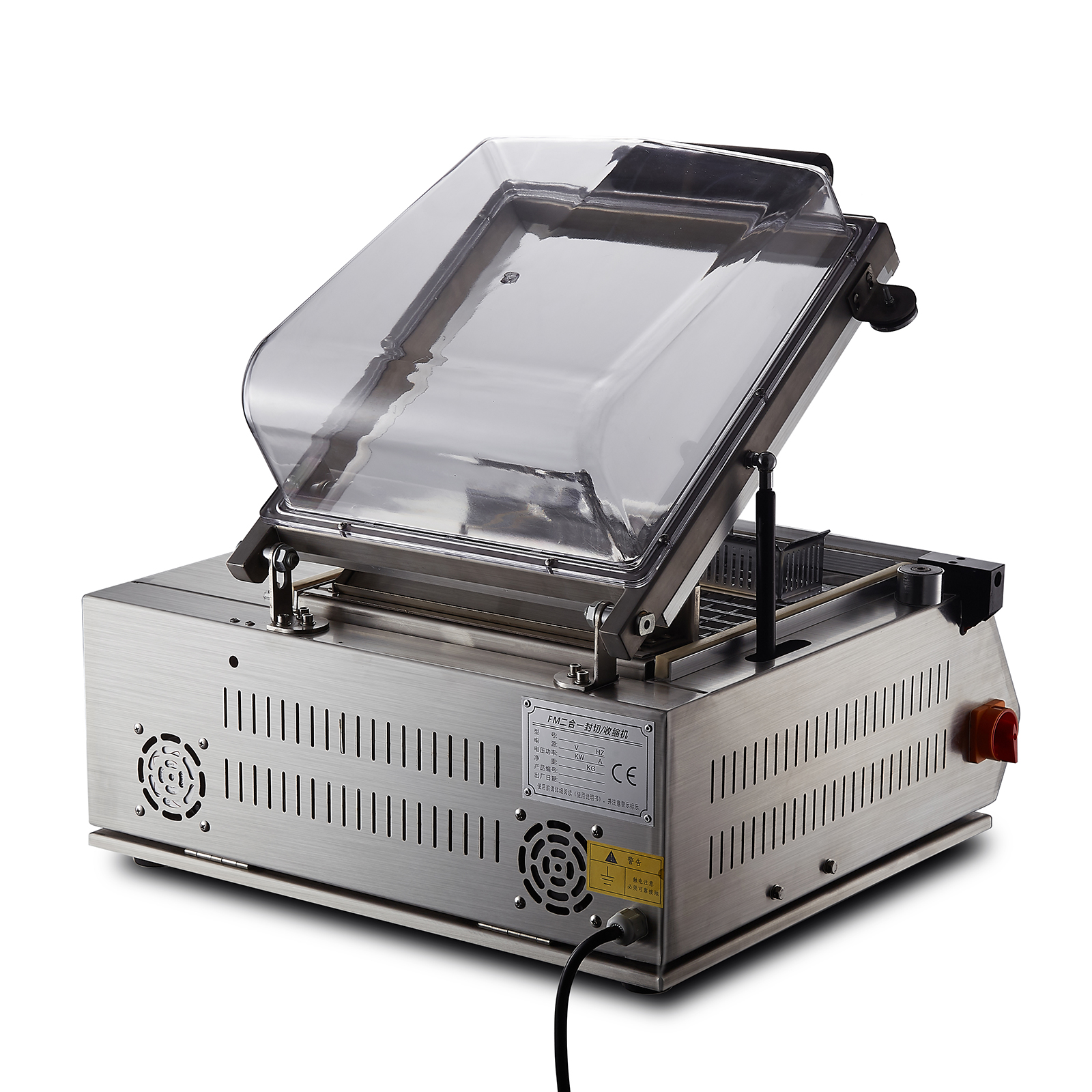 FM-3028不锈钢盒式密封，切割和收缩机，集成玻璃上盖上盖热收缩膜包装机